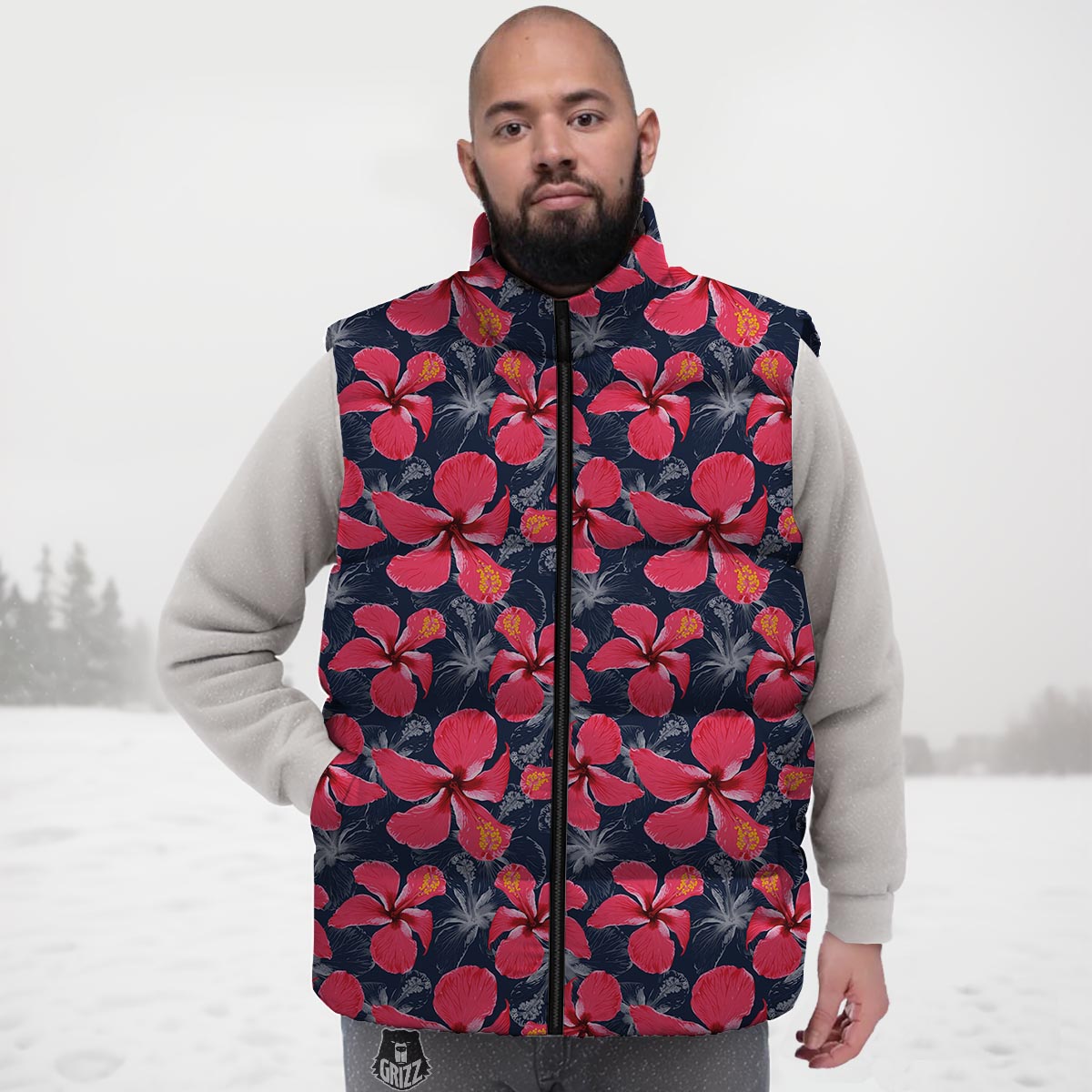 Tropical Red Hibiscus Print Pattern Down Vest