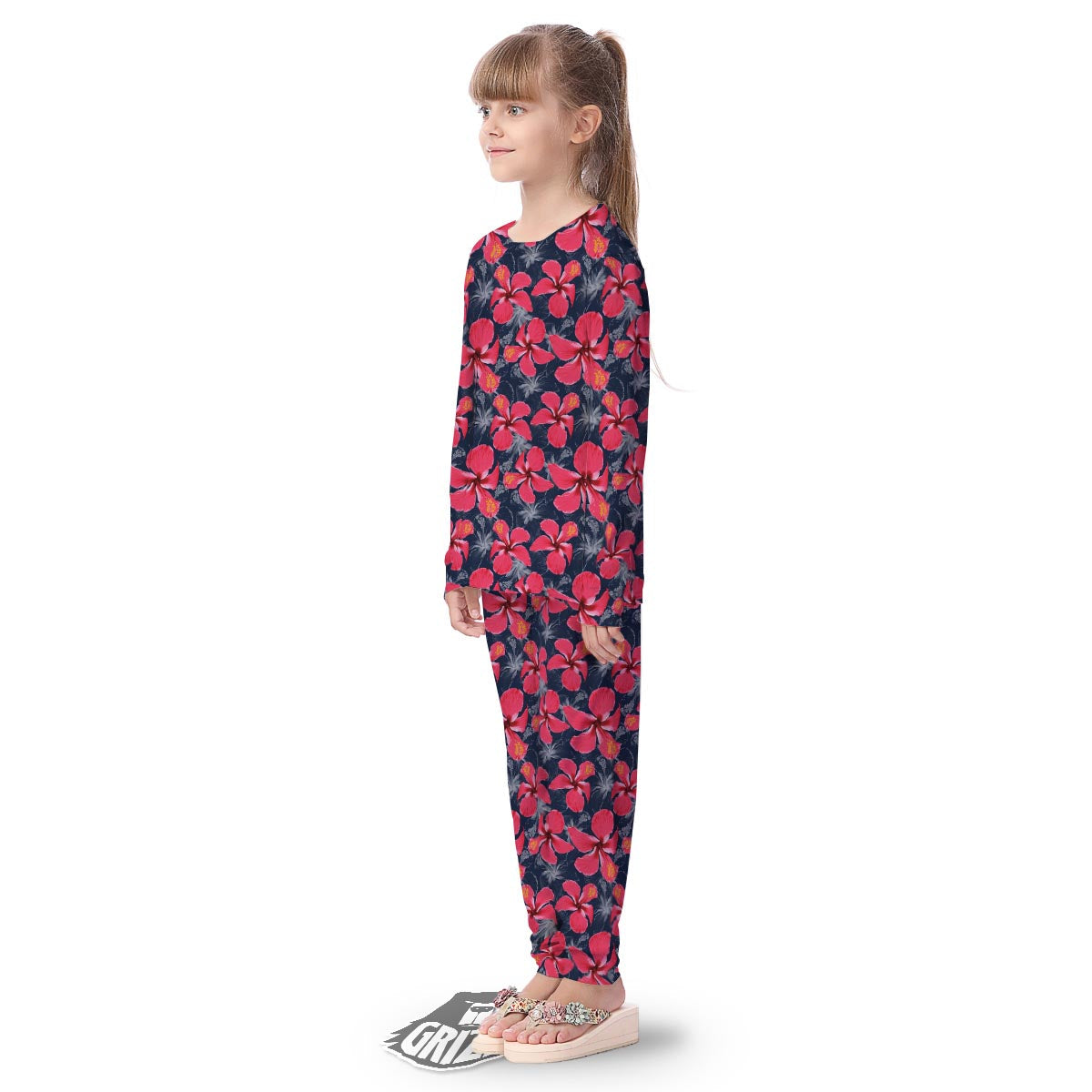 Tropical Red Hibiscus Print Pattern Kid's Pajamas-grizzshop