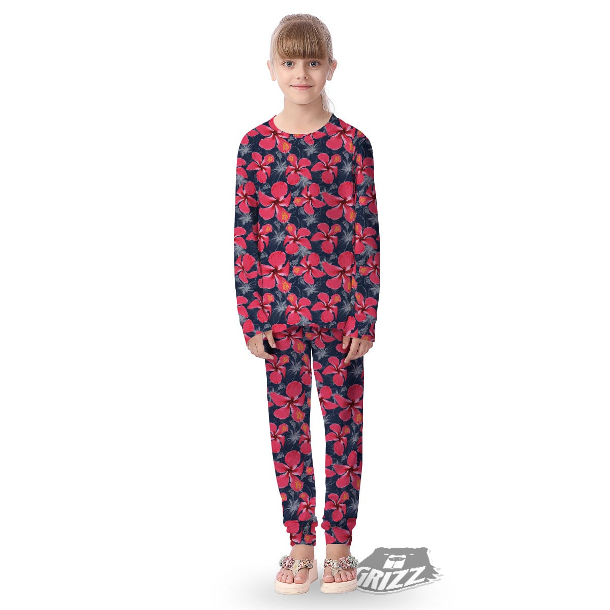 Tropical Red Hibiscus Print Pattern Kid's Pajamas-grizzshop
