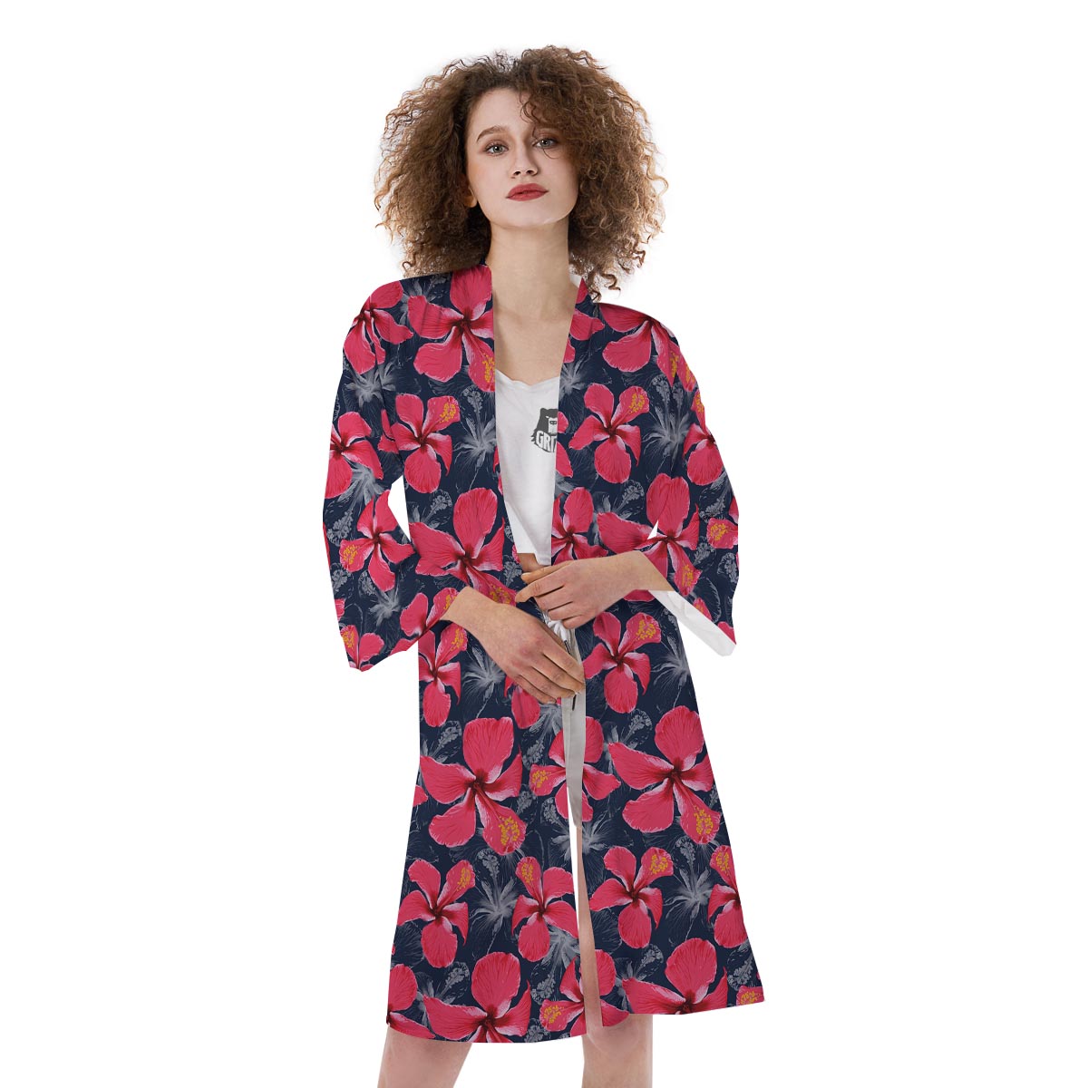 Tropical Red Hibiscus Print Pattern Kimono-grizzshop