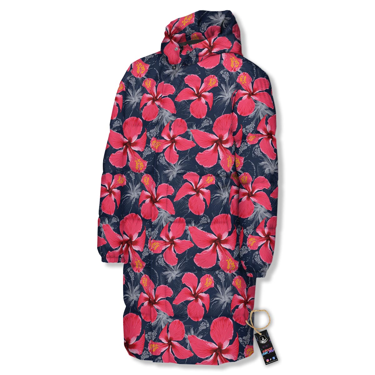 Tropical Red Hibiscus Print Pattern Long Down Jacket-grizzshop