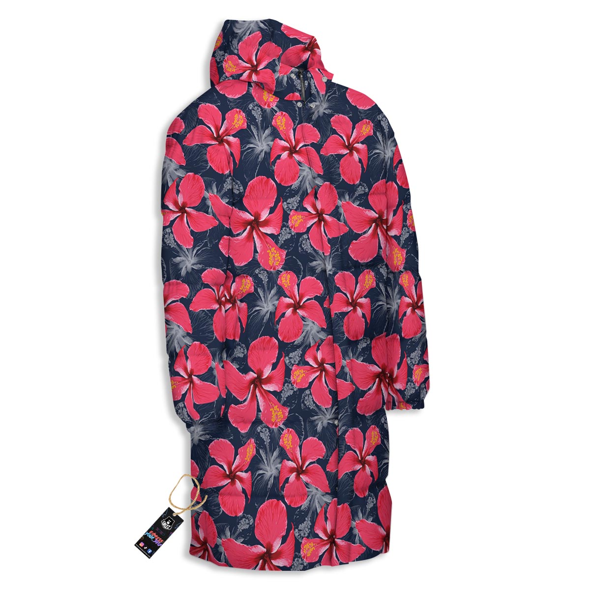 Tropical Red Hibiscus Print Pattern Long Down Jacket-grizzshop