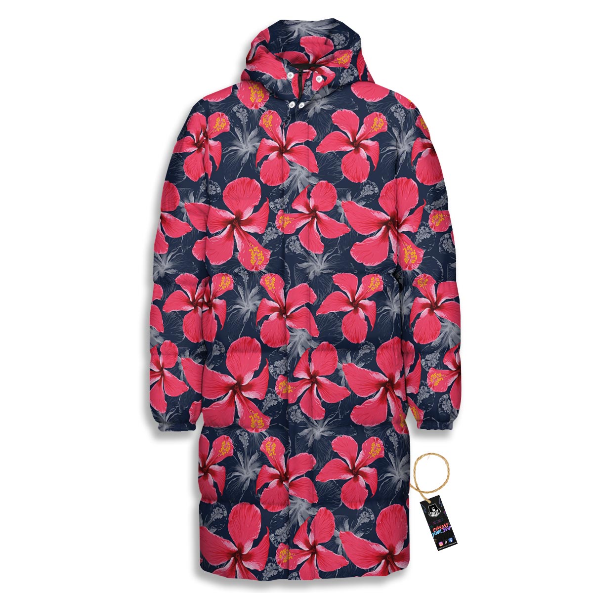 Tropical Red Hibiscus Print Pattern Long Down Jacket-grizzshop