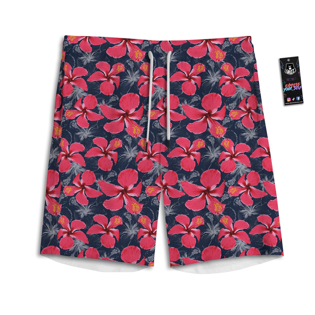 Tropical Red Hibiscus Print Pattern Men's Athletic Shorts