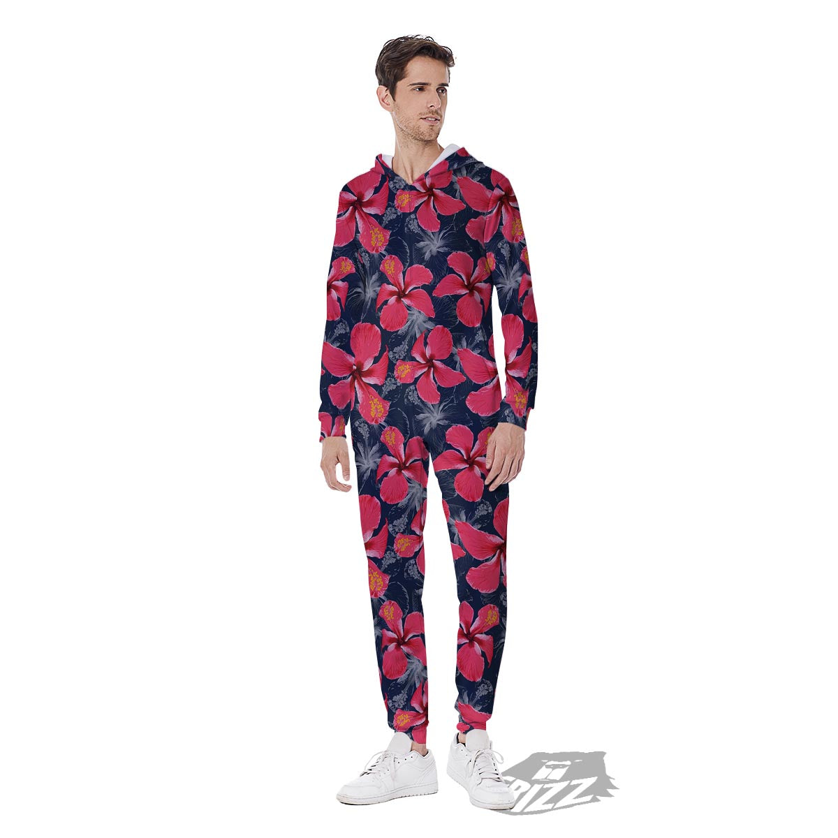Tropical Red Hibiscus Print Pattern Men's Jumpsuit-grizzshop