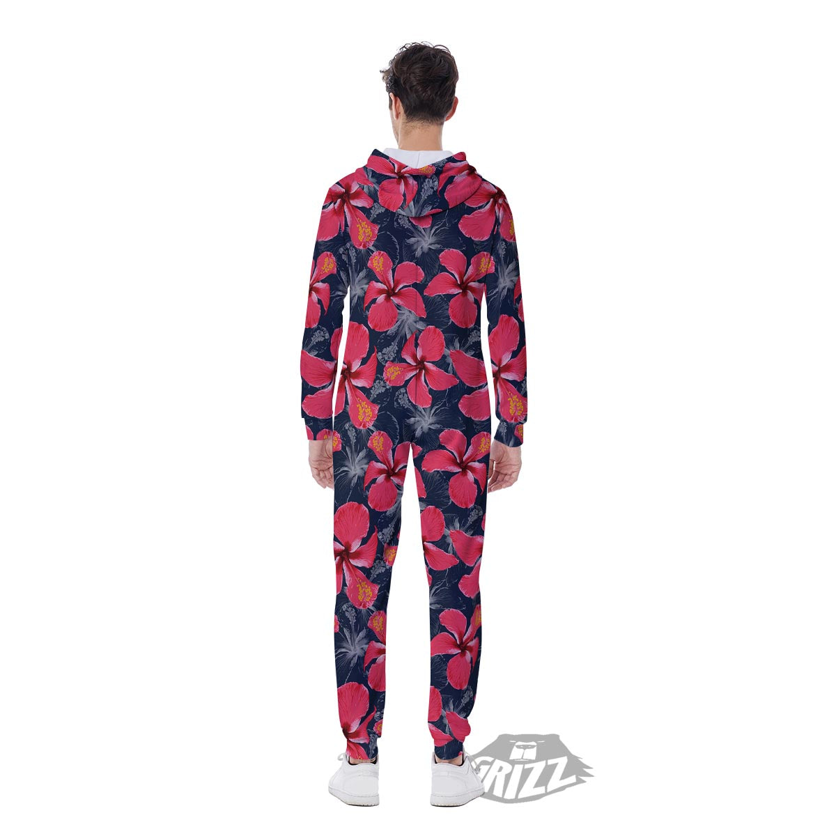 Tropical Red Hibiscus Print Pattern Men's Jumpsuit-grizzshop