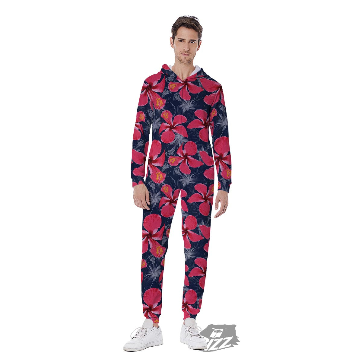 Tropical Red Hibiscus Print Pattern Men's Jumpsuit-grizzshop