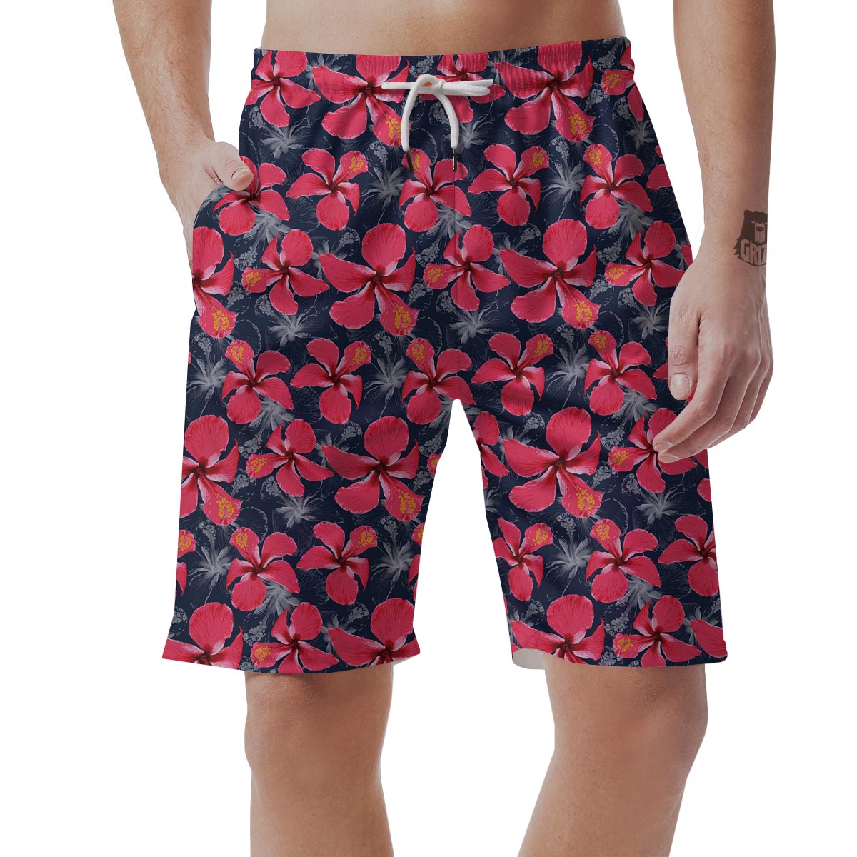 Tropical Red Hibiscus Print Pattern Men's Shorts-grizzshop