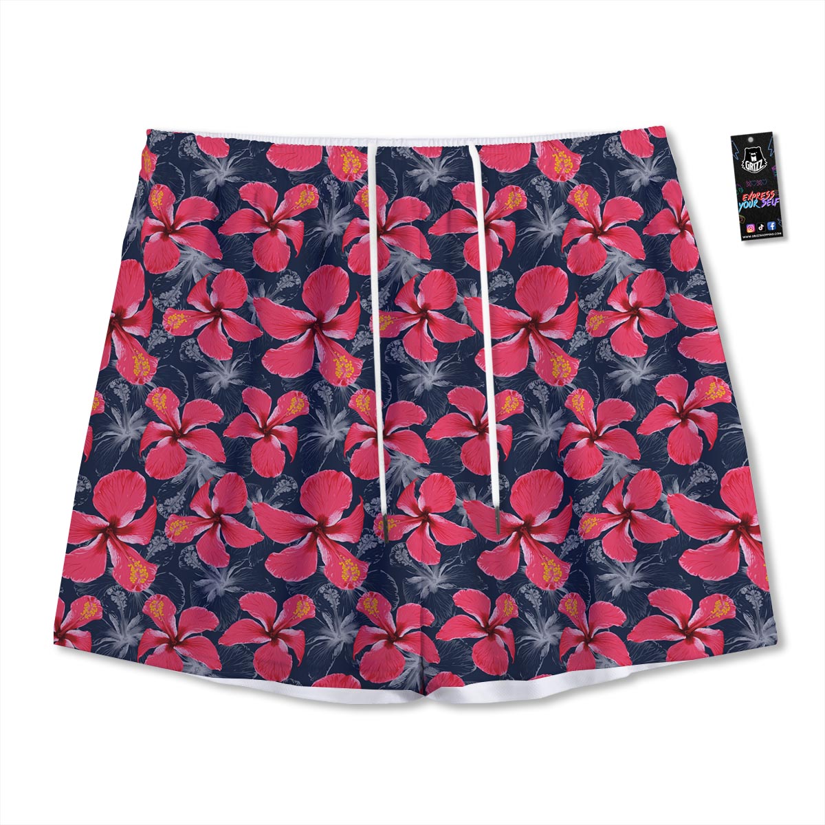 Tropical Red Hibiscus Print Pattern Mesh Shorts