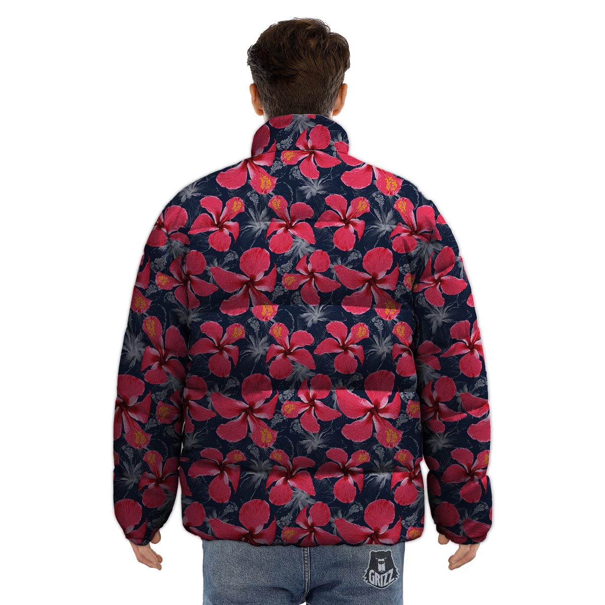 Tropical Red Hibiscus Print Pattern Puffer Jacket-grizzshop