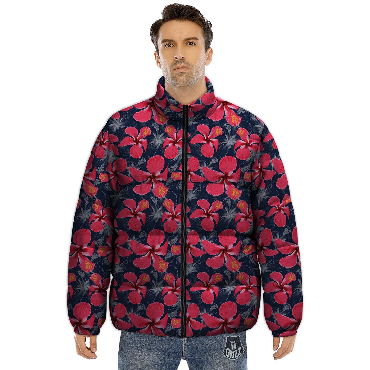 Tropical Red Hibiscus Print Pattern Puffer Jacket-grizzshop