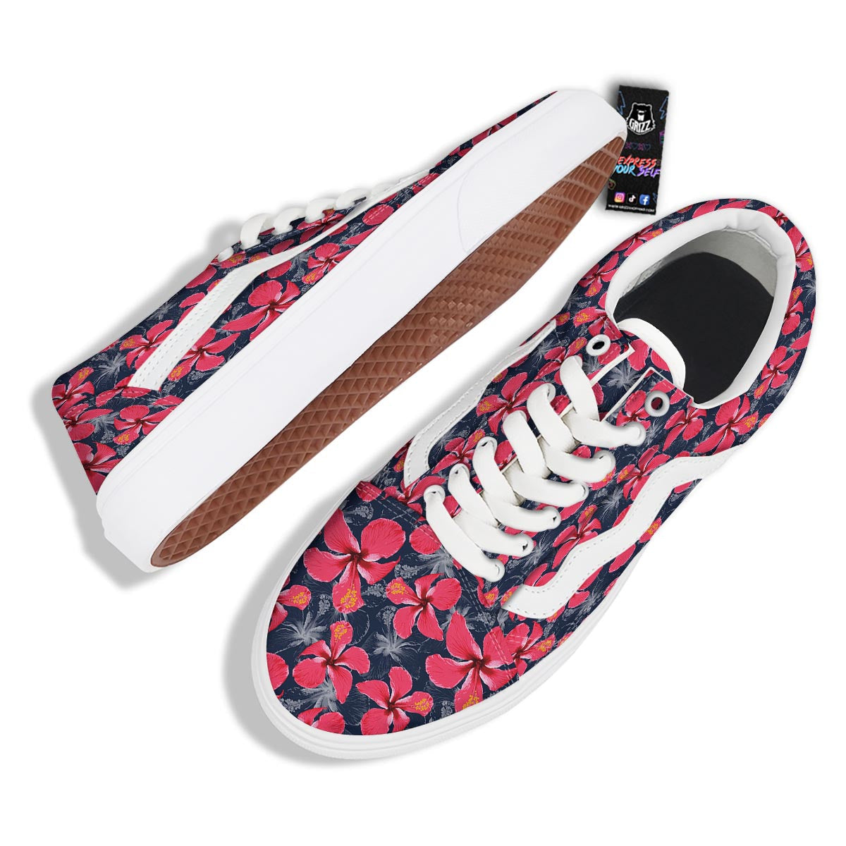 Tropical Red Hibiscus Print Pattern Skate Shoes-grizzshop