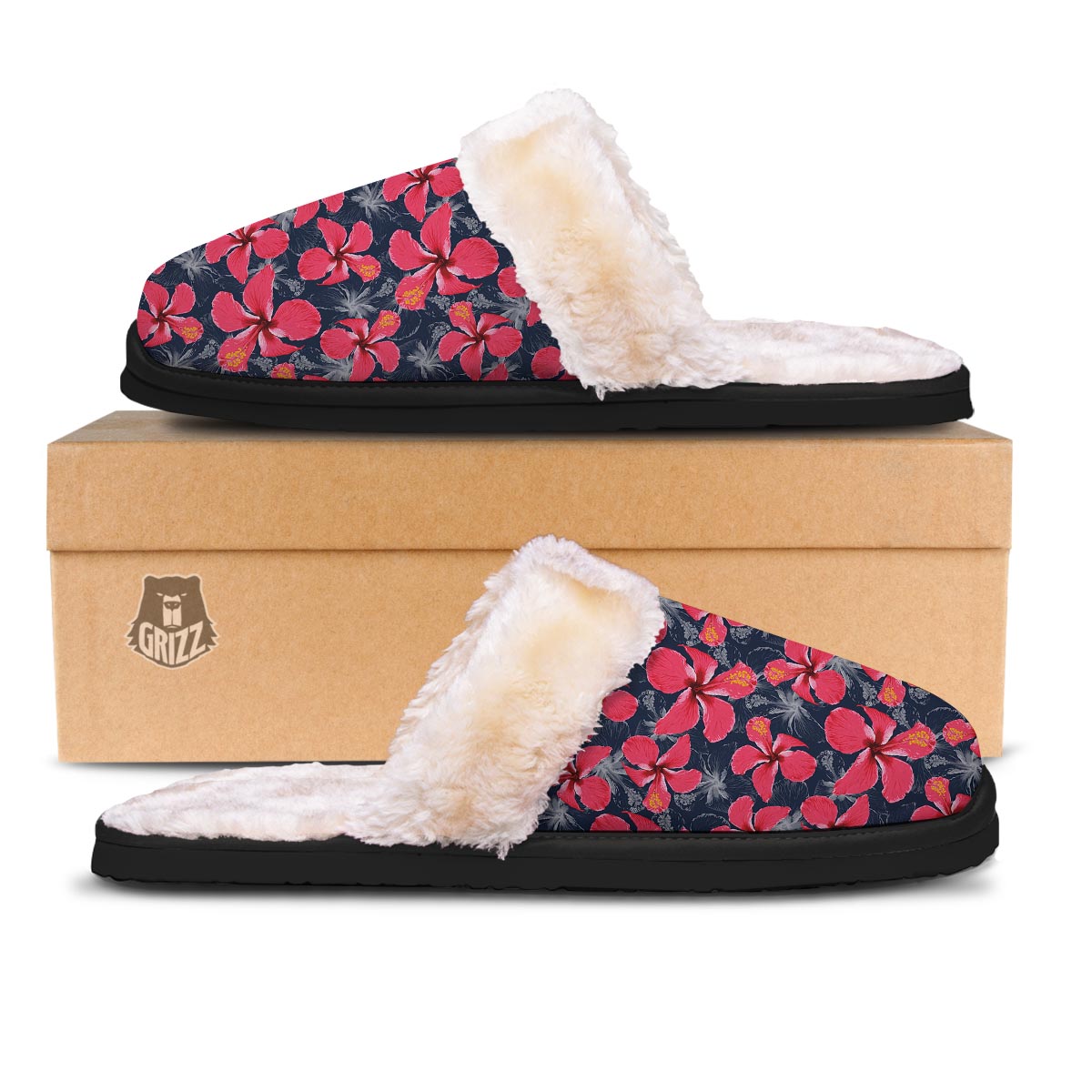 Tropical Red Hibiscus Print Pattern Slippers-grizzshop