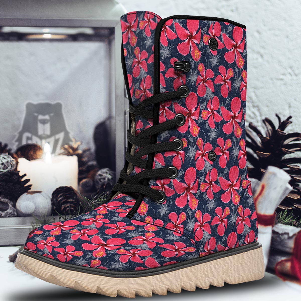 Tropical Red Hibiscus Print Pattern Snow Boots-grizzshop