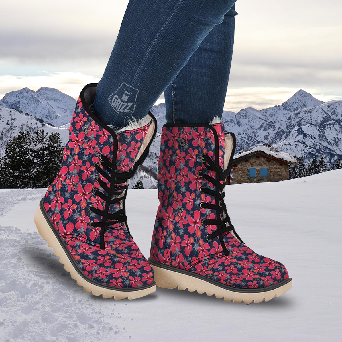Tropical Red Hibiscus Print Pattern Snow Boots-grizzshop