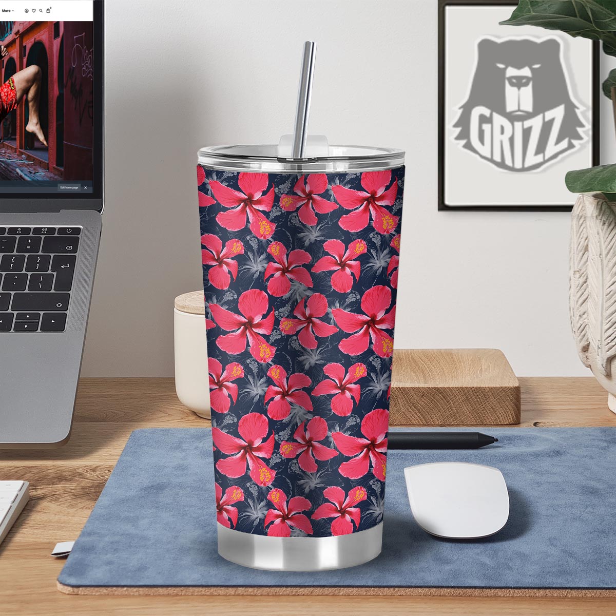 Tropical Red Hibiscus Print Pattern Tumbler-grizzshop