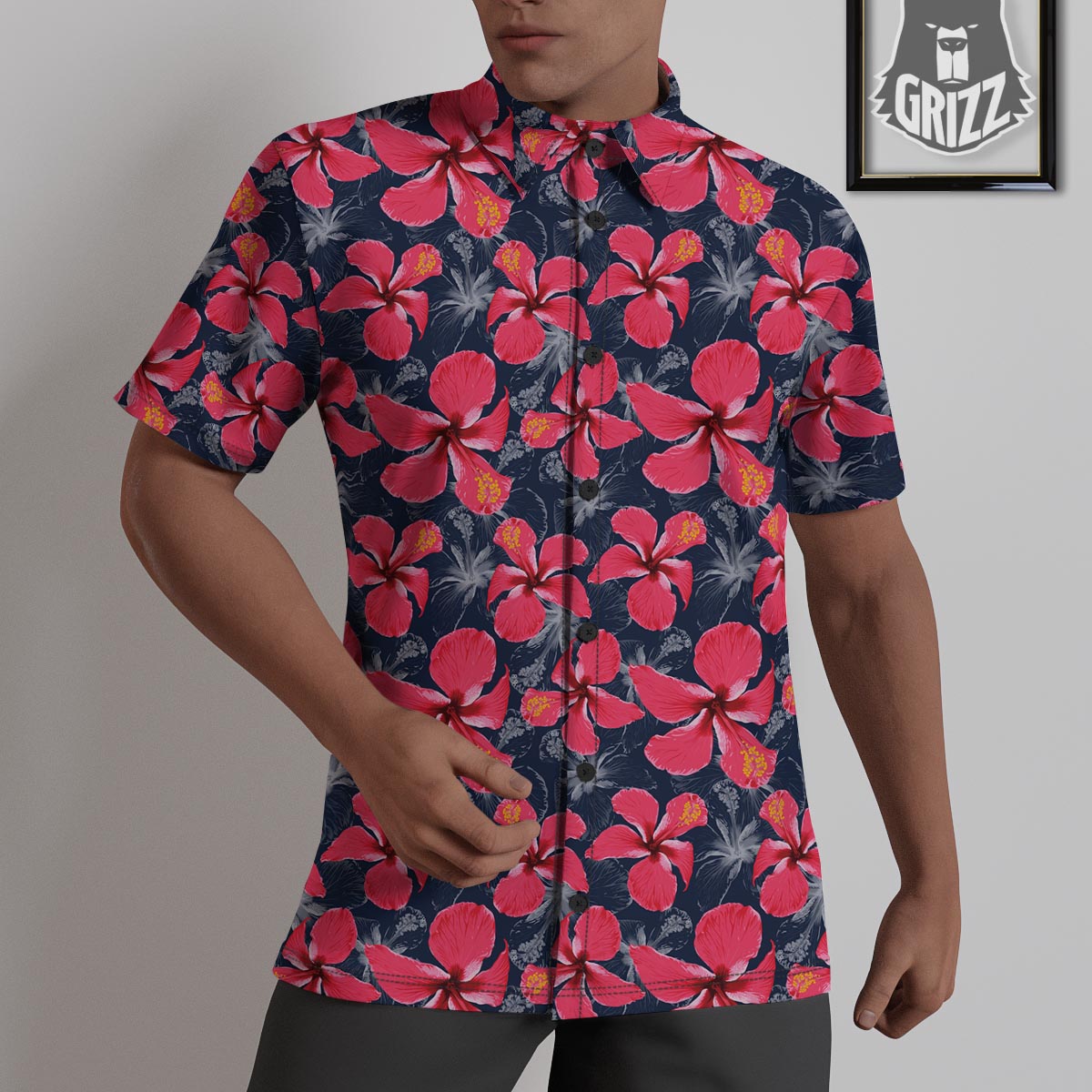 Tropical Red Hibiscus Print Pattern Untucked Shirts-grizzshop
