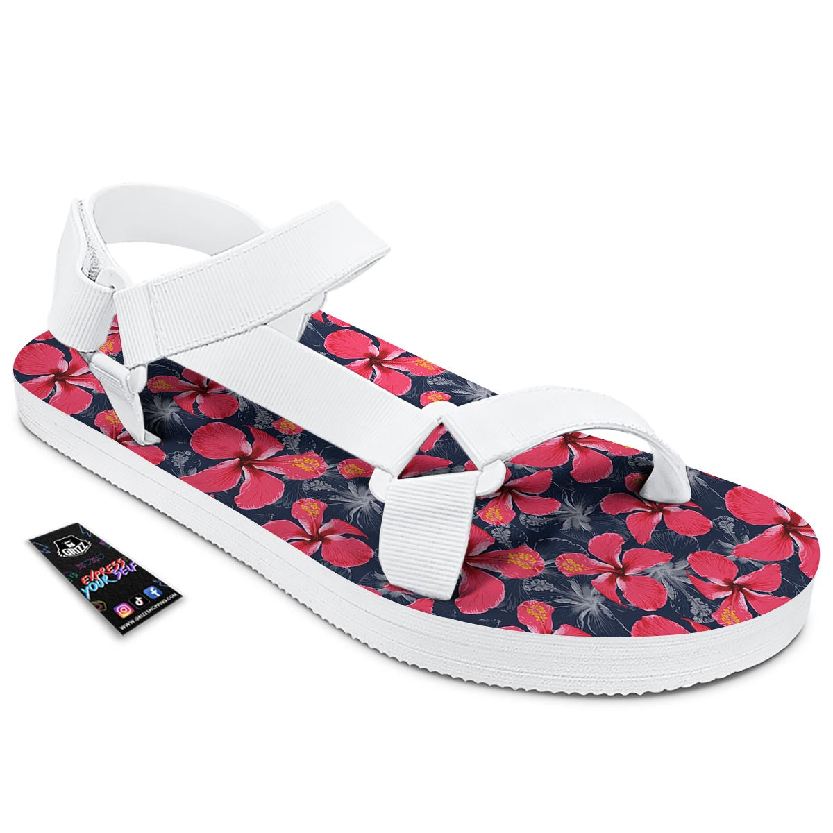 Tropical Red Hibiscus Print Pattern White Open Toe Sandals-grizzshop