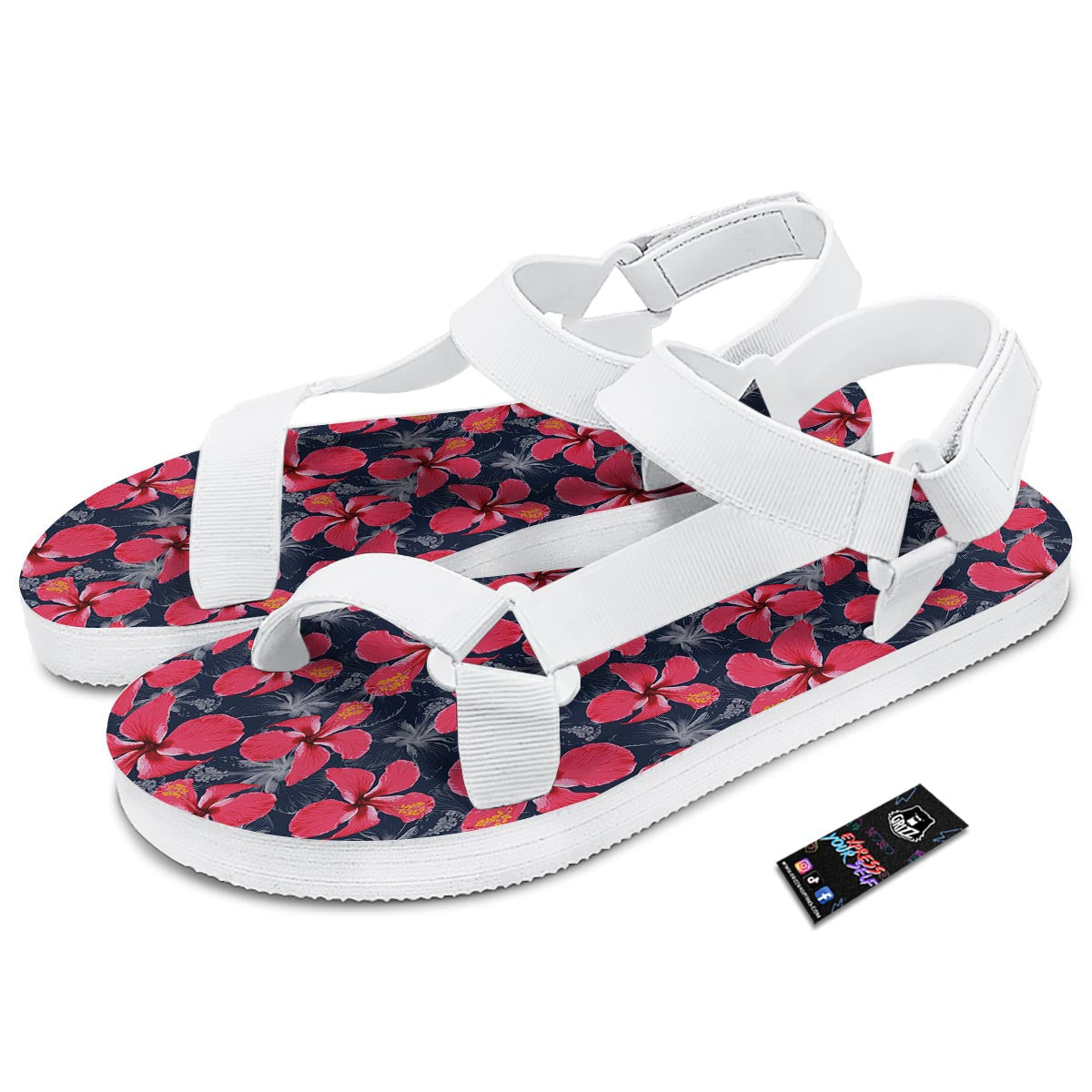Tropical Red Hibiscus Print Pattern White Open Toe Sandals-grizzshop