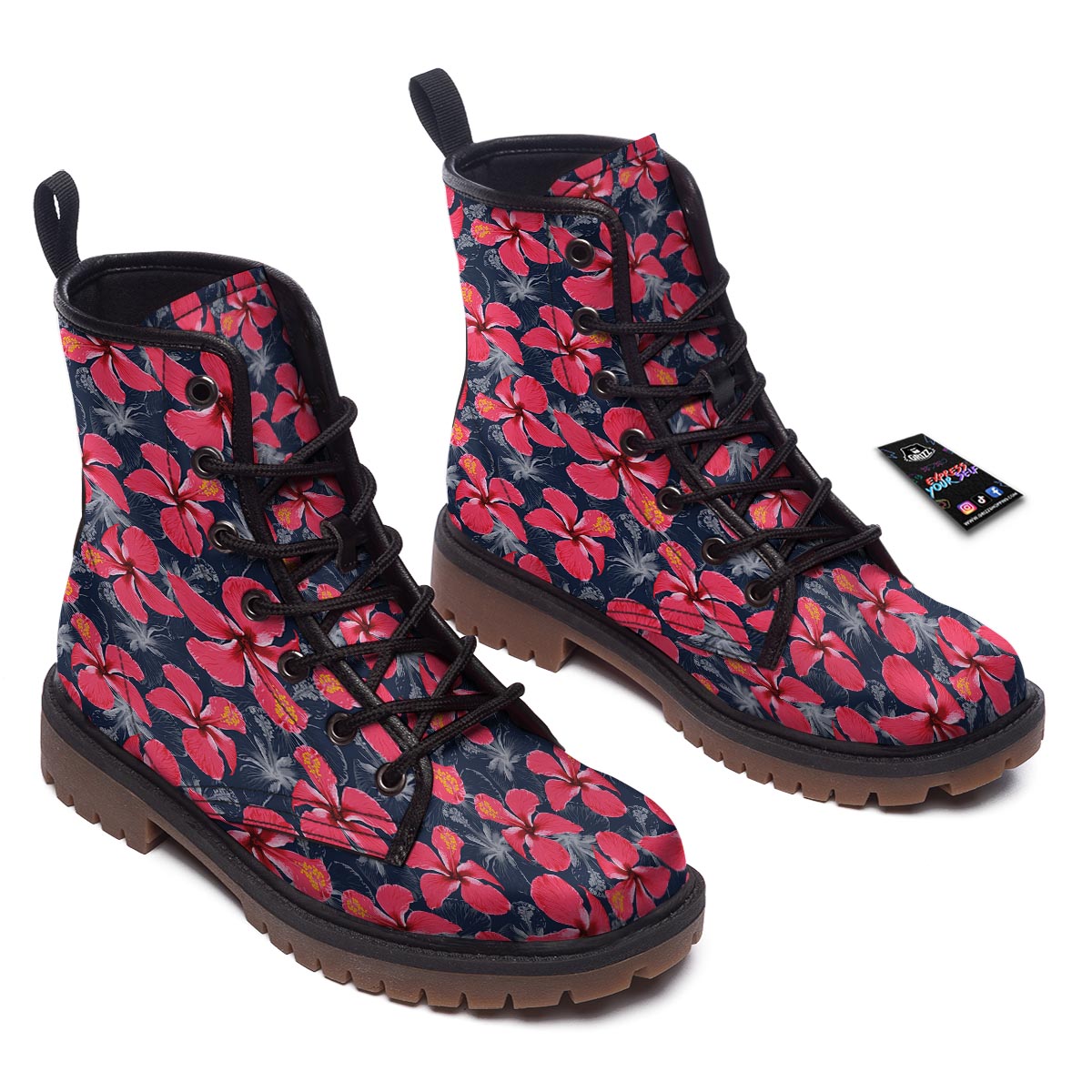 Tropical Red Hibiscus Print Pattern Work Boots-grizzshop