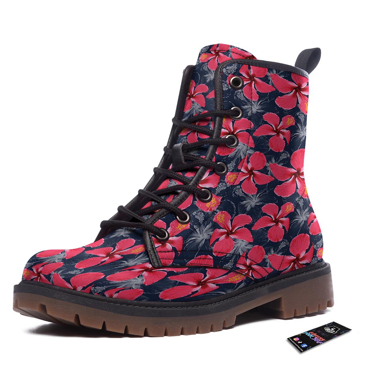 Tropical Red Hibiscus Print Pattern Work Boots-grizzshop