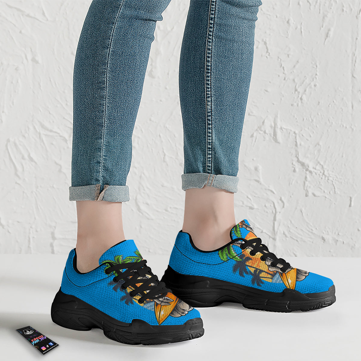 Tropical Skull Hand Print Black Chunky Shoes-grizzshop