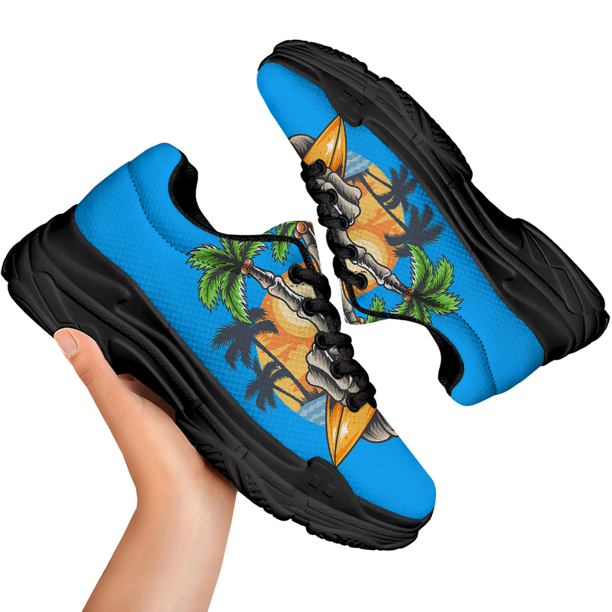 Tropical Skull Hand Print Black Chunky Shoes-grizzshop
