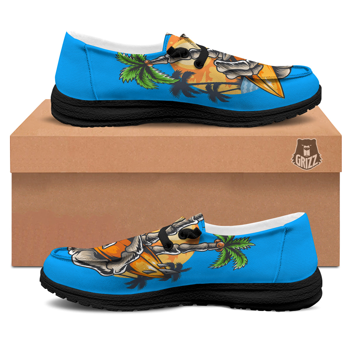 Tropical Skull Hand Print Black Loafers-grizzshop