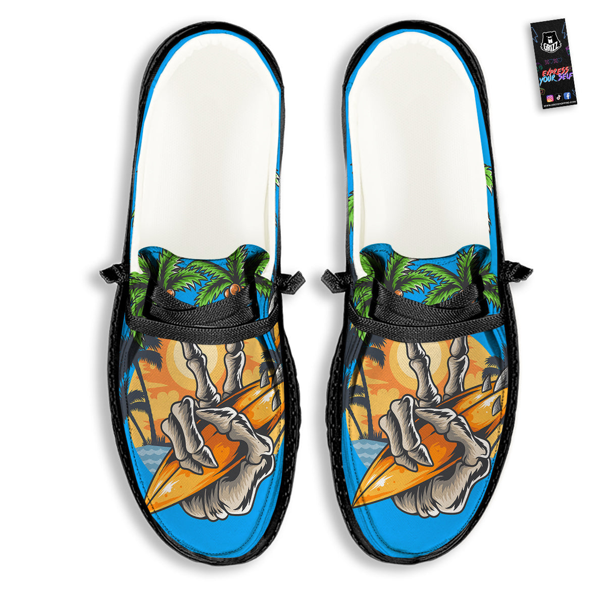 Tropical Skull Hand Print Black Loafers-grizzshop