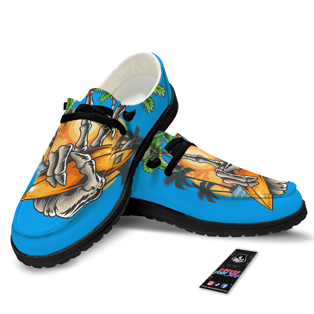 Tropical Skull Hand Print Black Loafers-grizzshop
