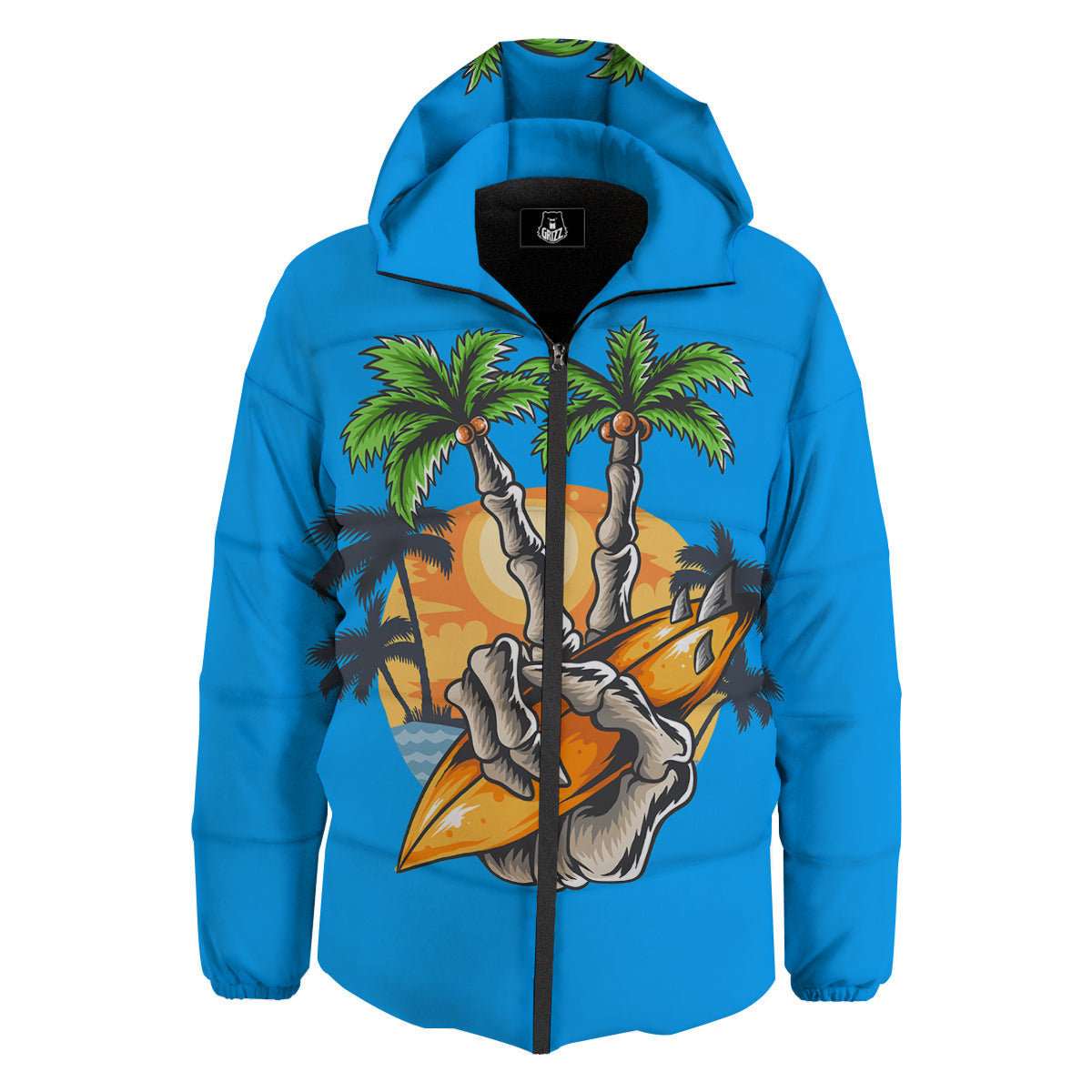 Tropical Skull Hand Print Down Jacket-grizzshop