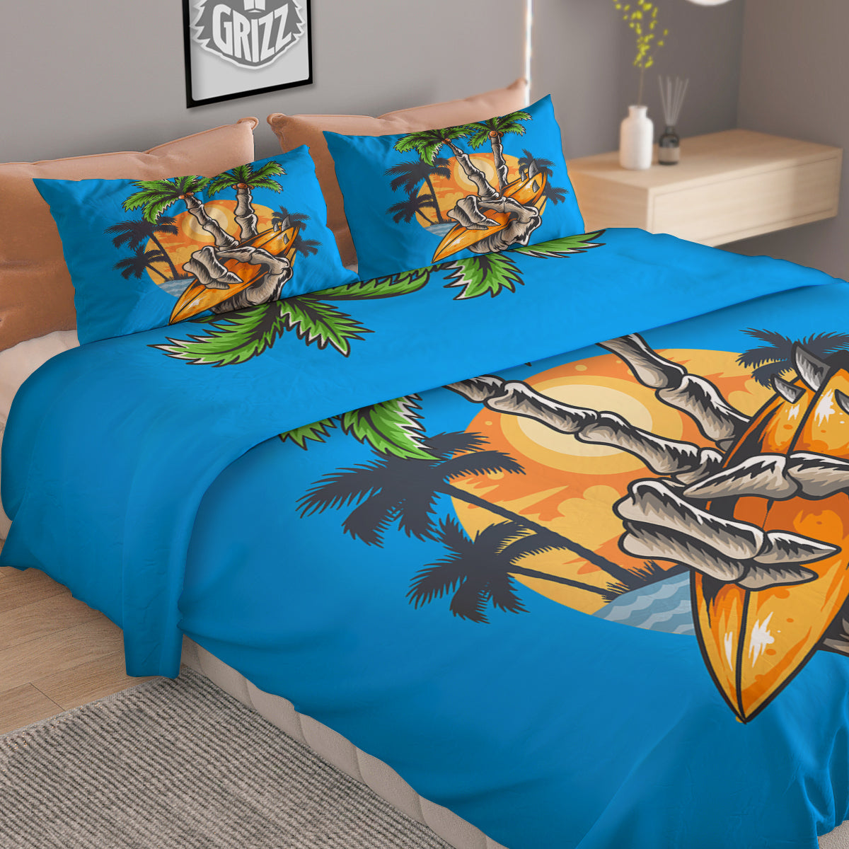 Tropical Skull Hand Print Duvet Cover Bedding Set