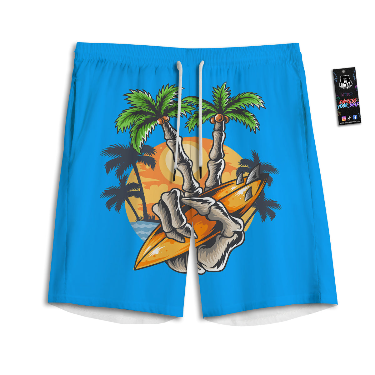 Tropical Skull Hand Print Men's Athletic Shorts