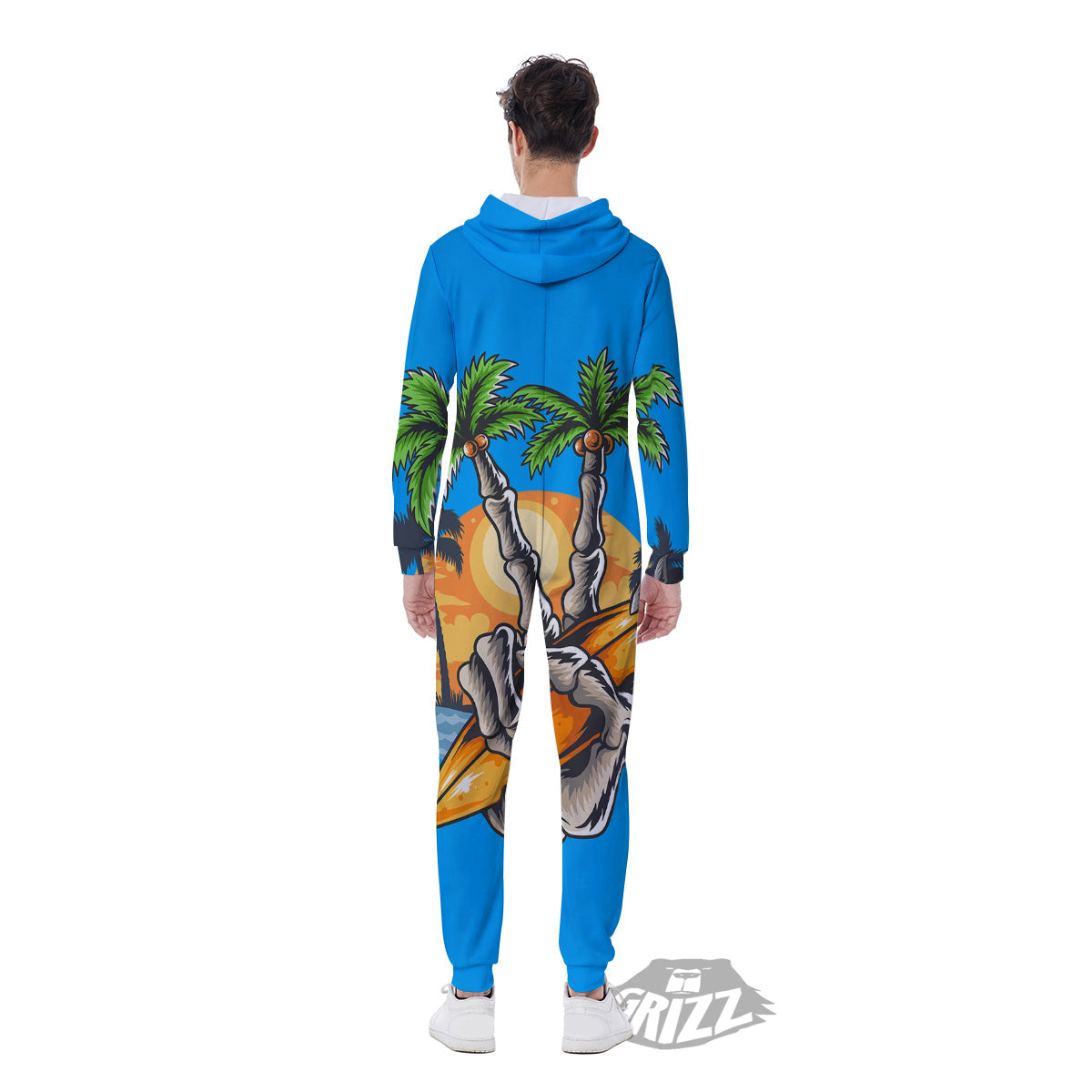 Tropical Skull Hand Print Men's Jumpsuit-grizzshop