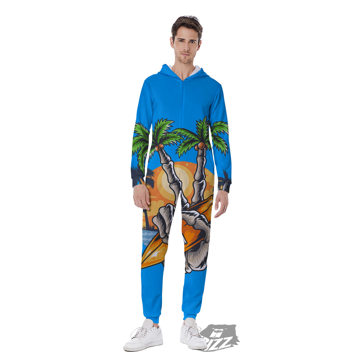 Tropical Skull Hand Print Men's Jumpsuit-grizzshop