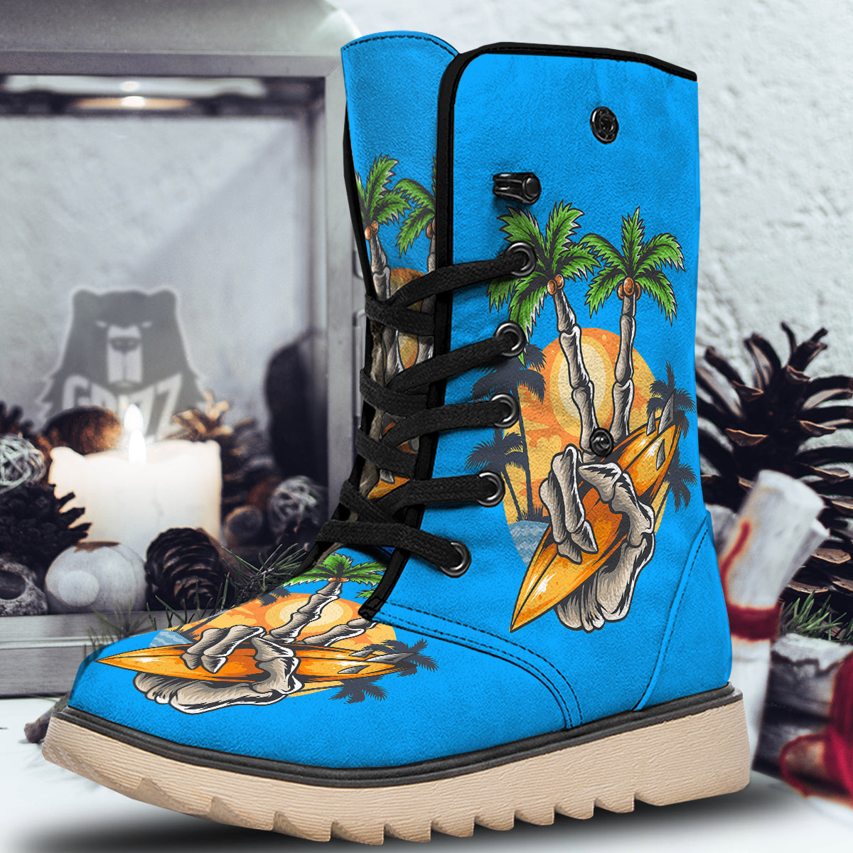 Tropical Skull Hand Print Snow Boots-grizzshop