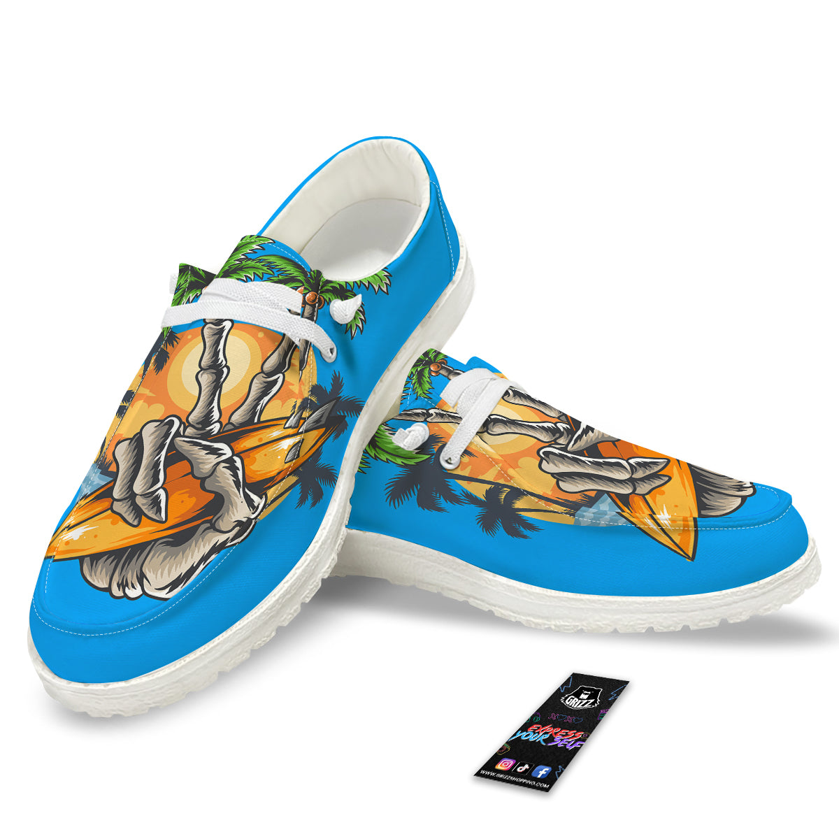 Tropical Skull Hand Print White Loafers-grizzshop
