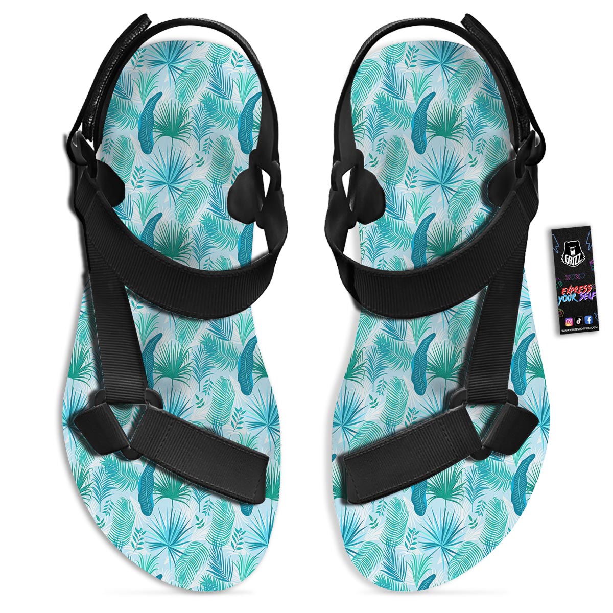Tropical Teal Aloha Print Pattern Black Open Toe Sandals-grizzshop