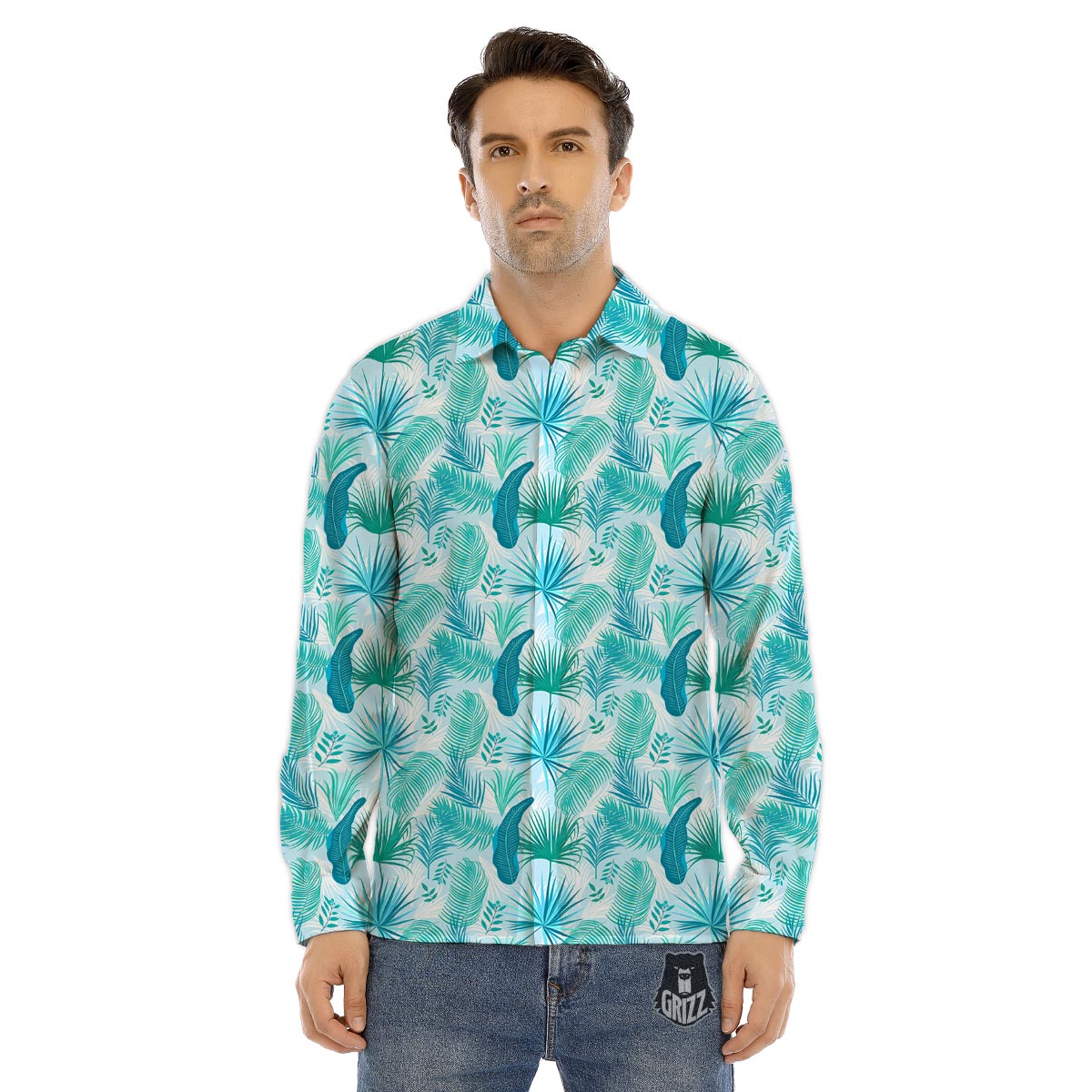 Tropical Teal Aloha Print Pattern Men's Dress Shirts-grizzshop