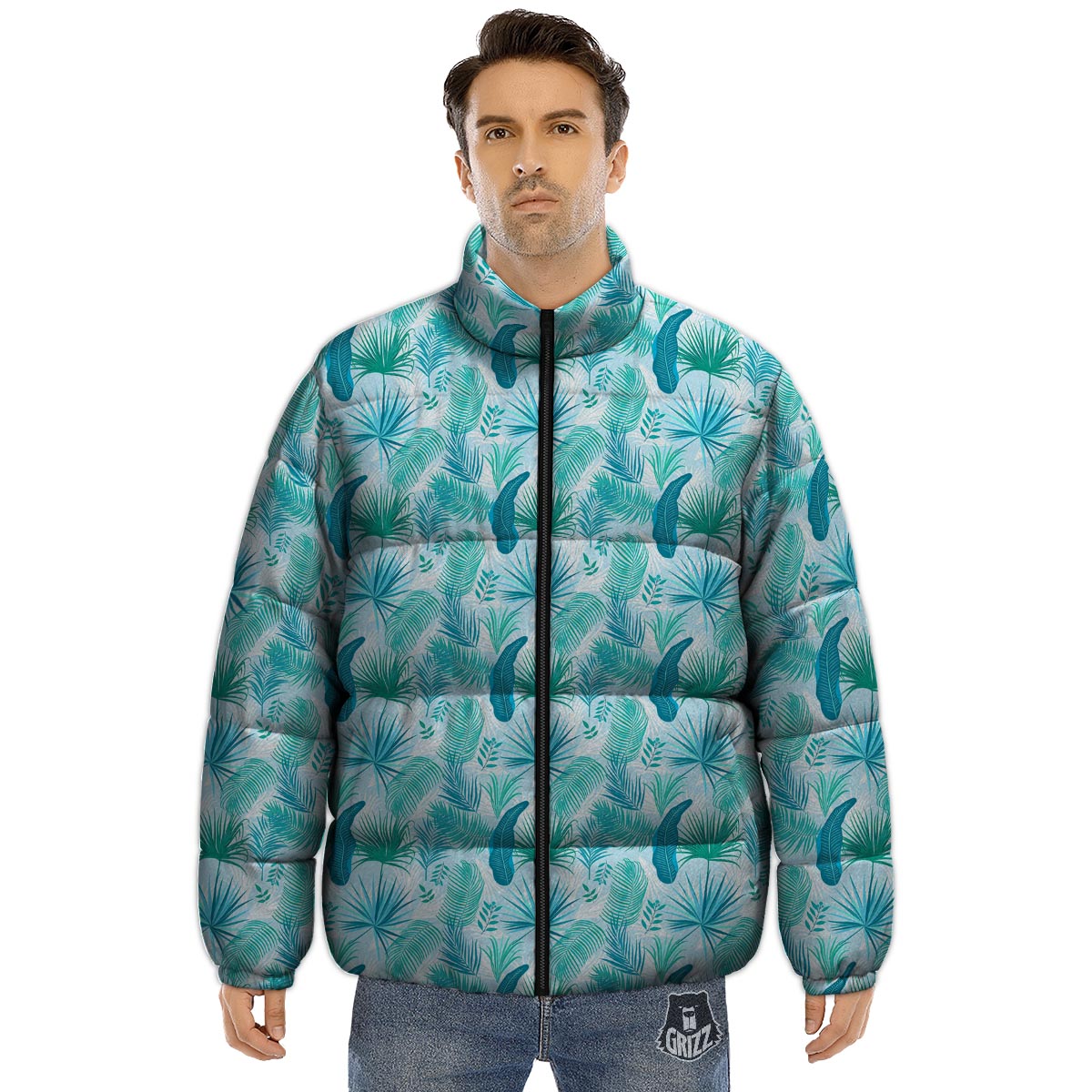 Tropical Teal Aloha Print Pattern Puffer Jacket-grizzshop