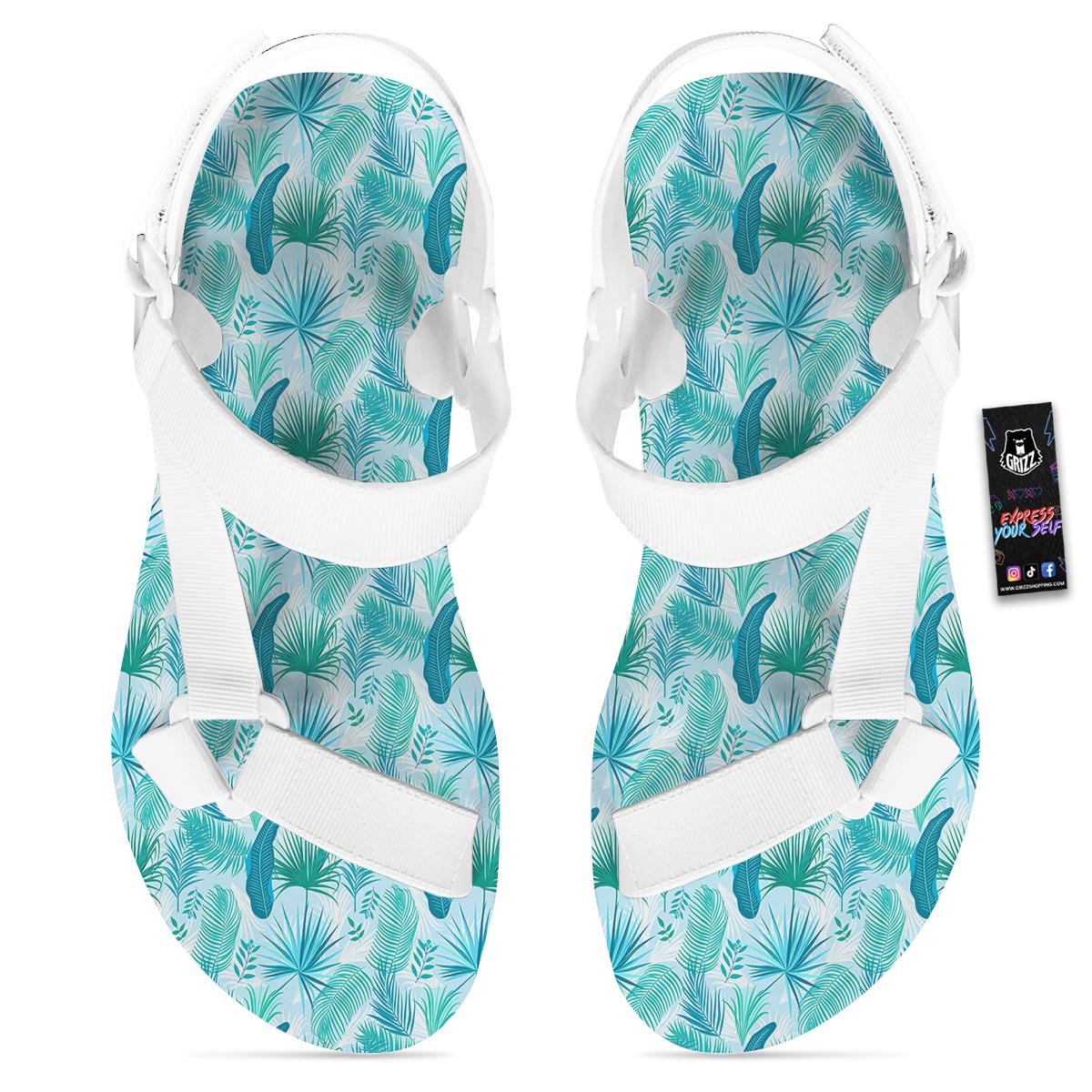 Tropical Teal Aloha Print Pattern White Open Toe Sandals-grizzshop