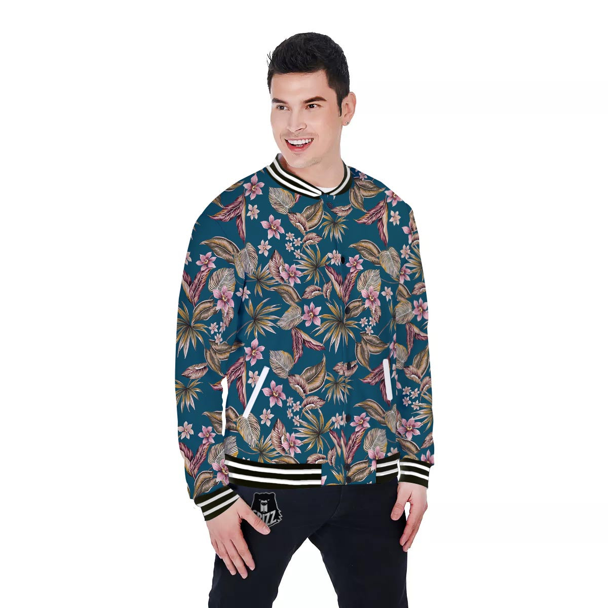 Tropical Teal Print Pattern Baseball Jacket-grizzshop