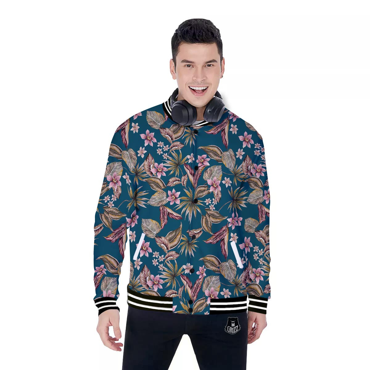 Tropical Teal Print Pattern Baseball Jacket-grizzshop