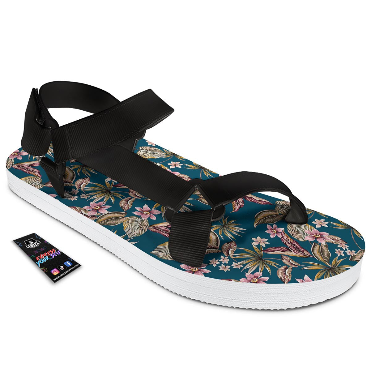 Tropical Teal Print Pattern Black Open Toe Sandals-grizzshop