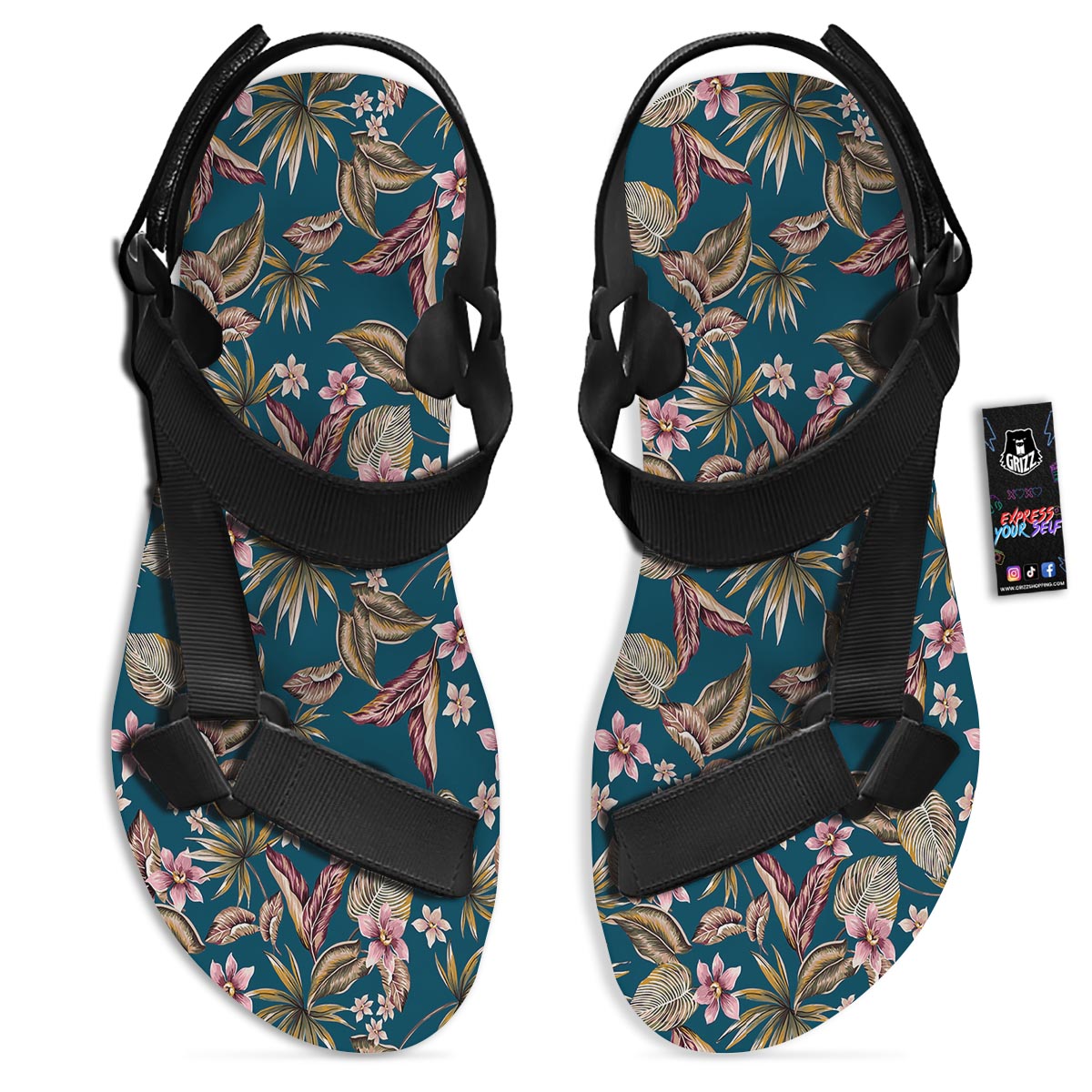 Tropical Teal Print Pattern Black Open Toe Sandals-grizzshop
