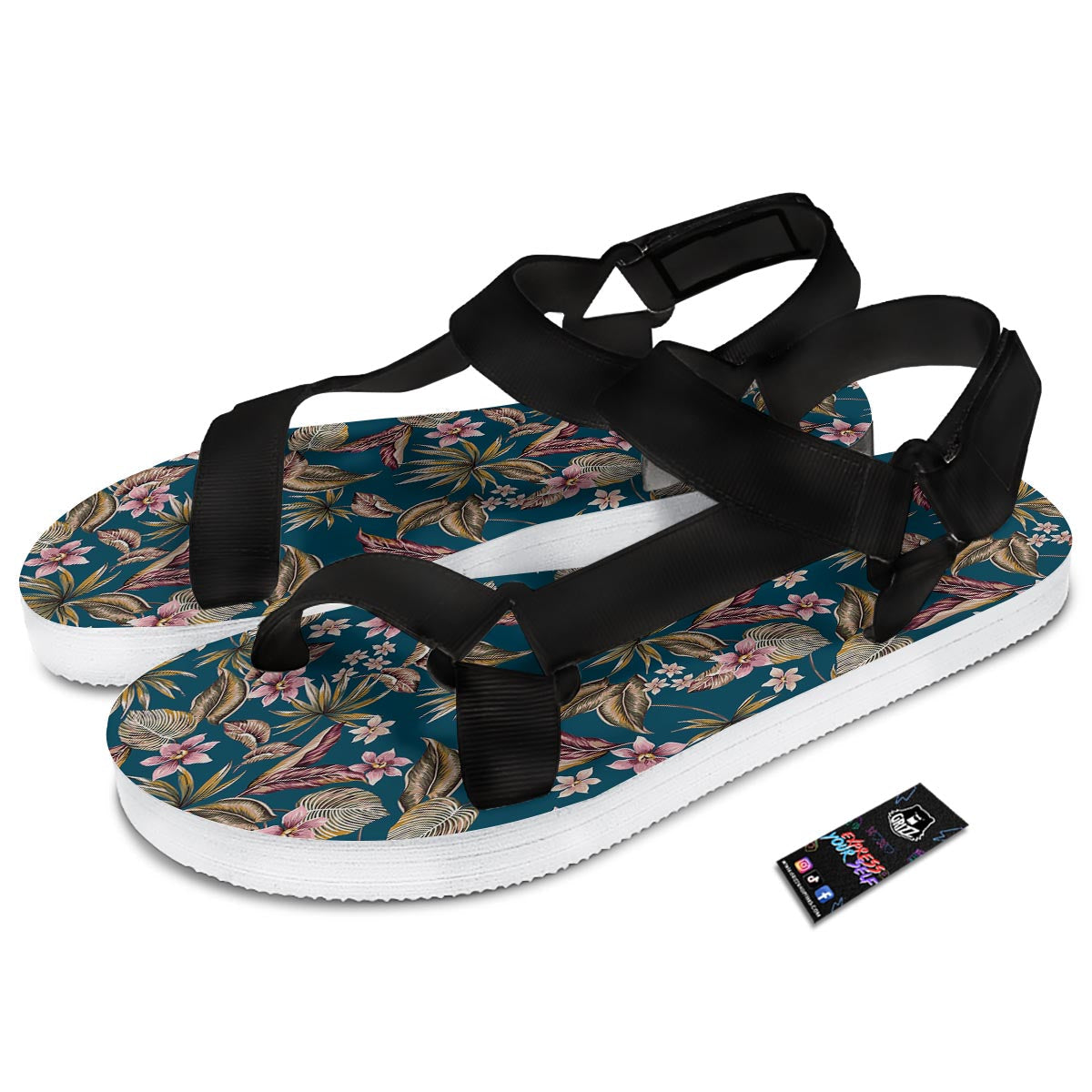 Tropical Teal Print Pattern Black Open Toe Sandals-grizzshop