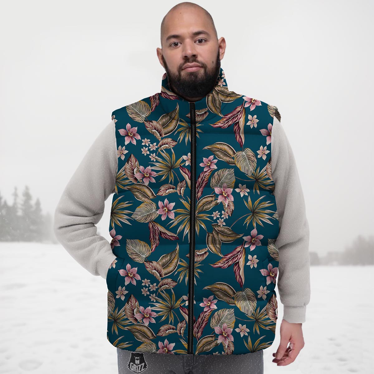 Tropical Teal Print Pattern Down Vest-grizzshop
