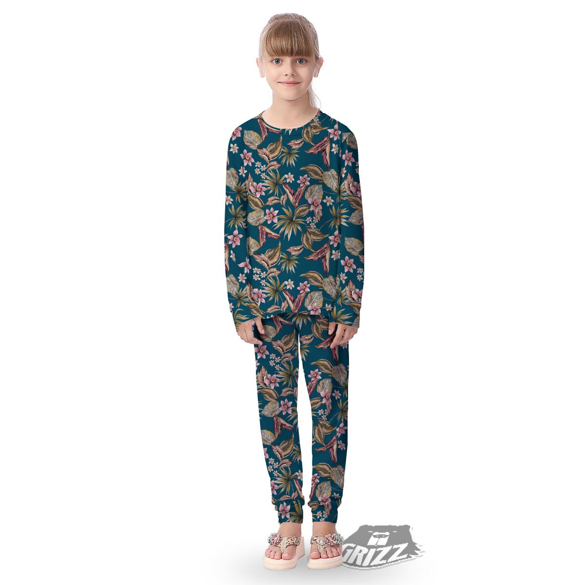 Tropical Teal Print Pattern Kid's Pajamas-grizzshop