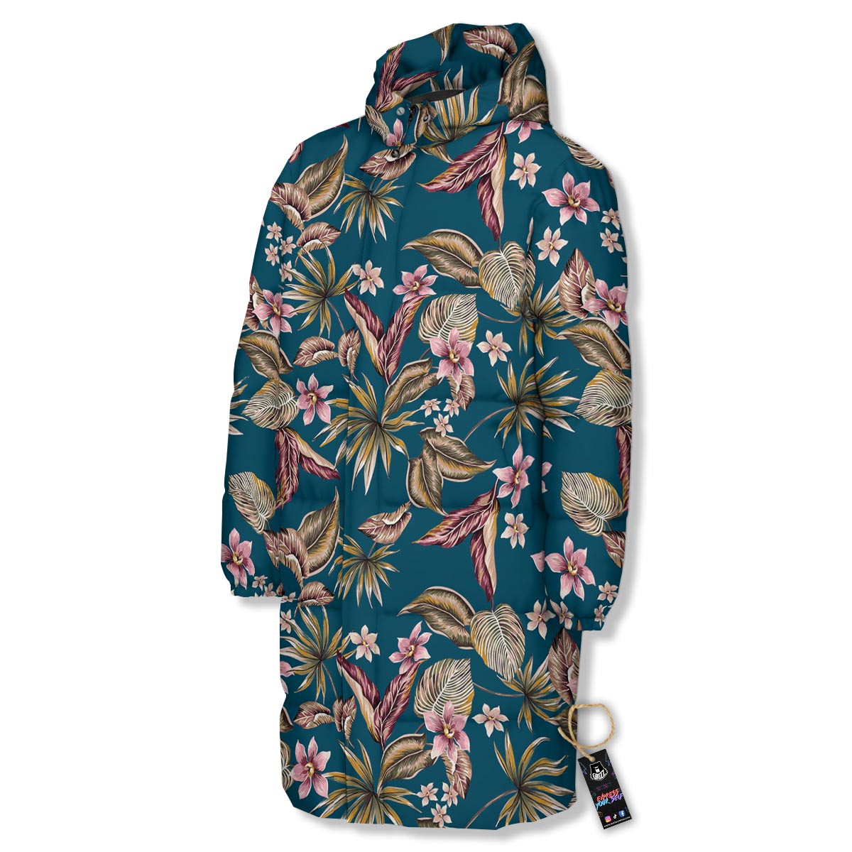 Tropical Teal Print Pattern Long Down Jacket-grizzshop