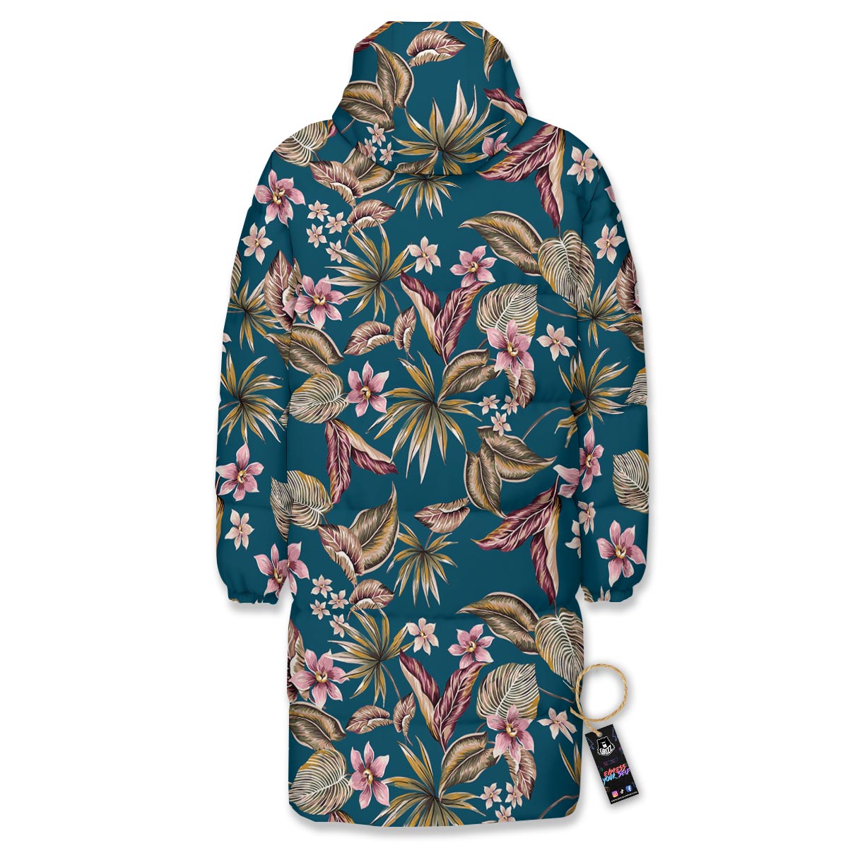 Tropical Teal Print Pattern Long Down Jacket-grizzshop